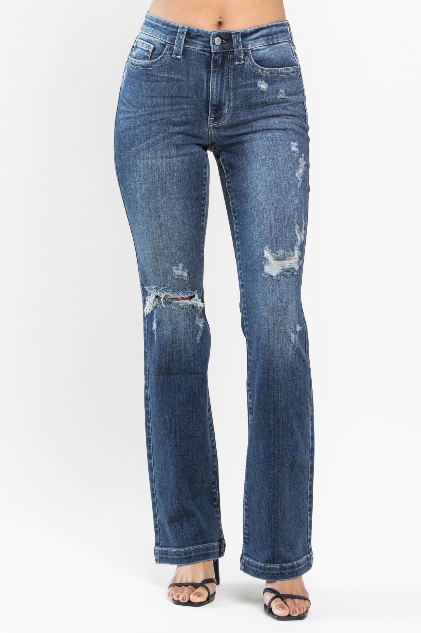 Judy Blue Mid Rise Hand Sand & Destroy Bootcut Denim Jeans