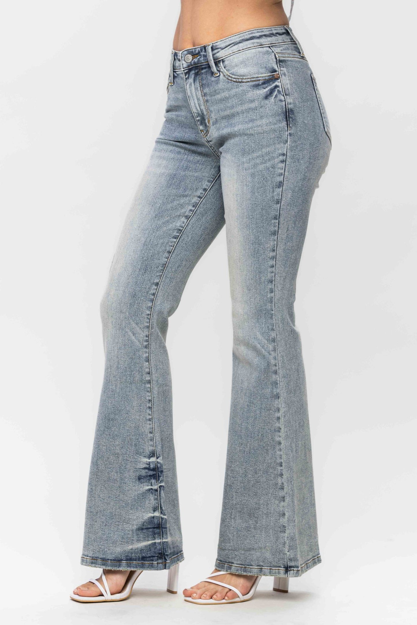 Judy Blue Mid-Rise Tinted Pin Tack Flare Denim Jeans