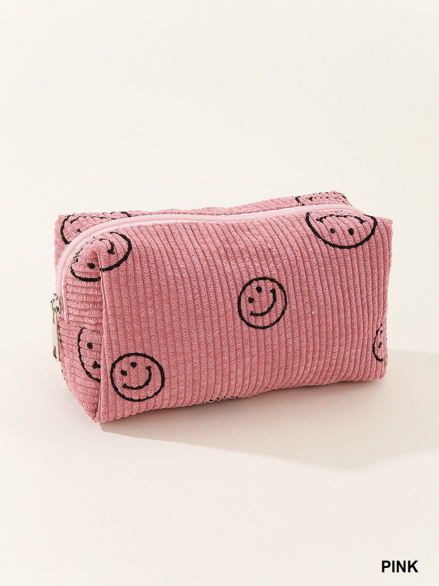 Smiley Face Corduroy Cosmetic Pouch Bag