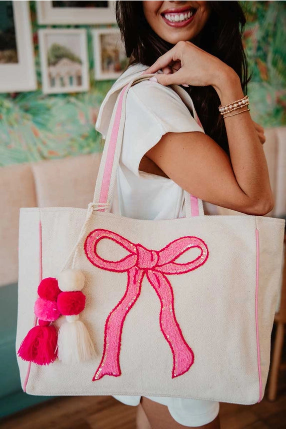 The Pink Sequin Bow Canvas Tote Bag