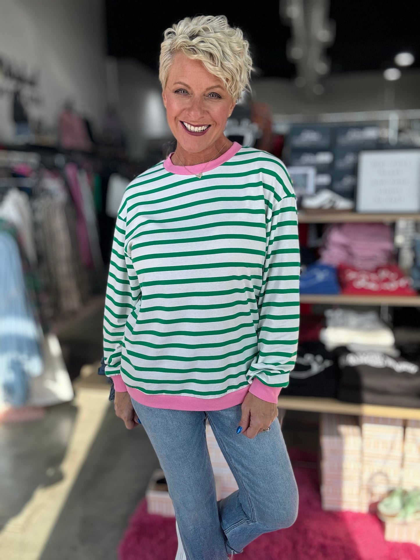 Striped In Green Long Sleeve Top