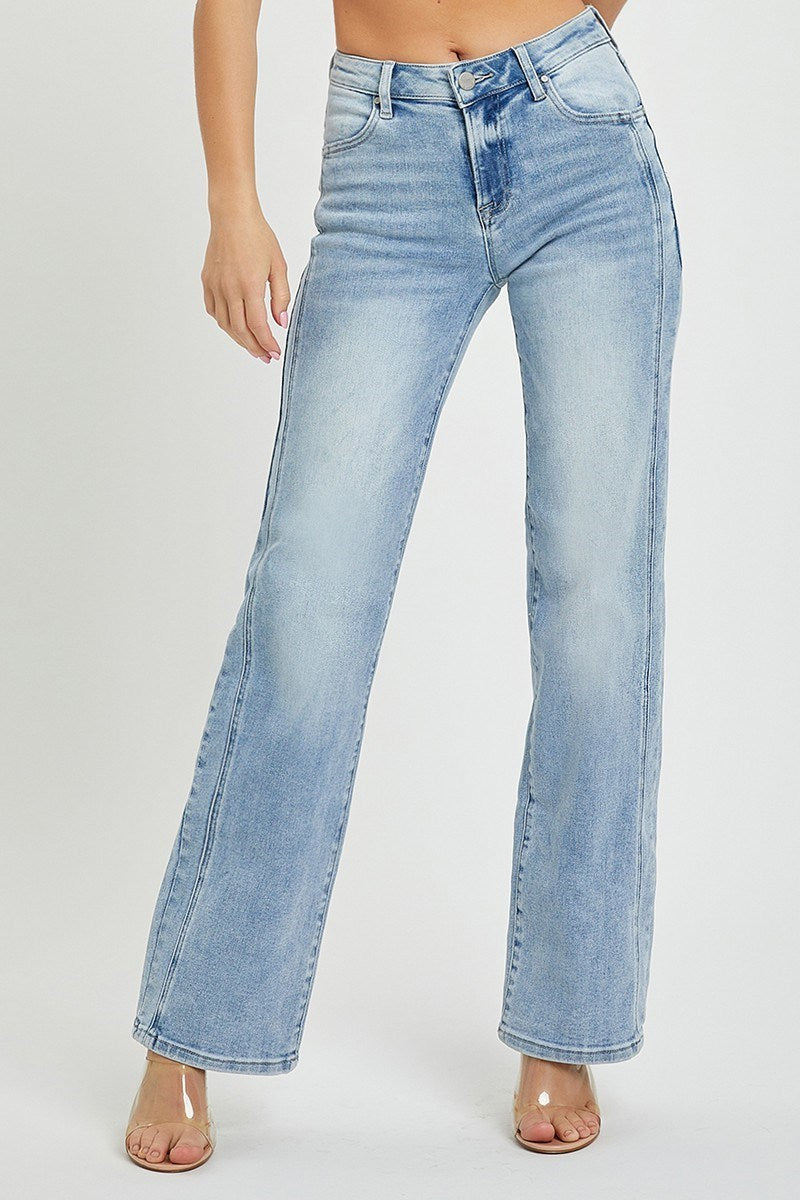 Risen Mid Rise Straight Denim Jeans