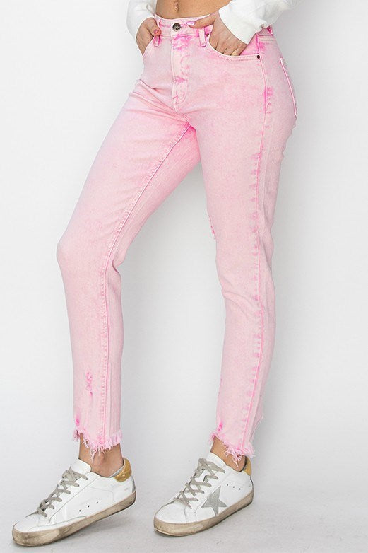 Risen Pink Acid Wash High Waist Skinny Jeans
