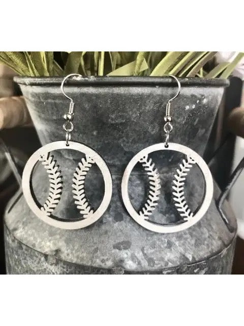White Wooden Baseball Earrings