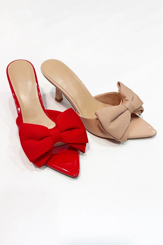 Red Satin Bow Pointed Toe Mule Heels