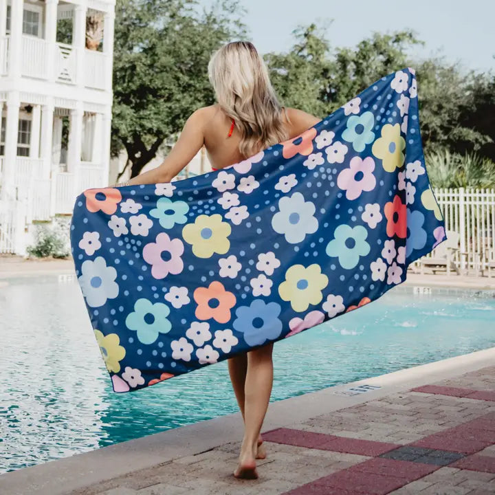 Micro Fiber Beach Towel -Navy Daisy