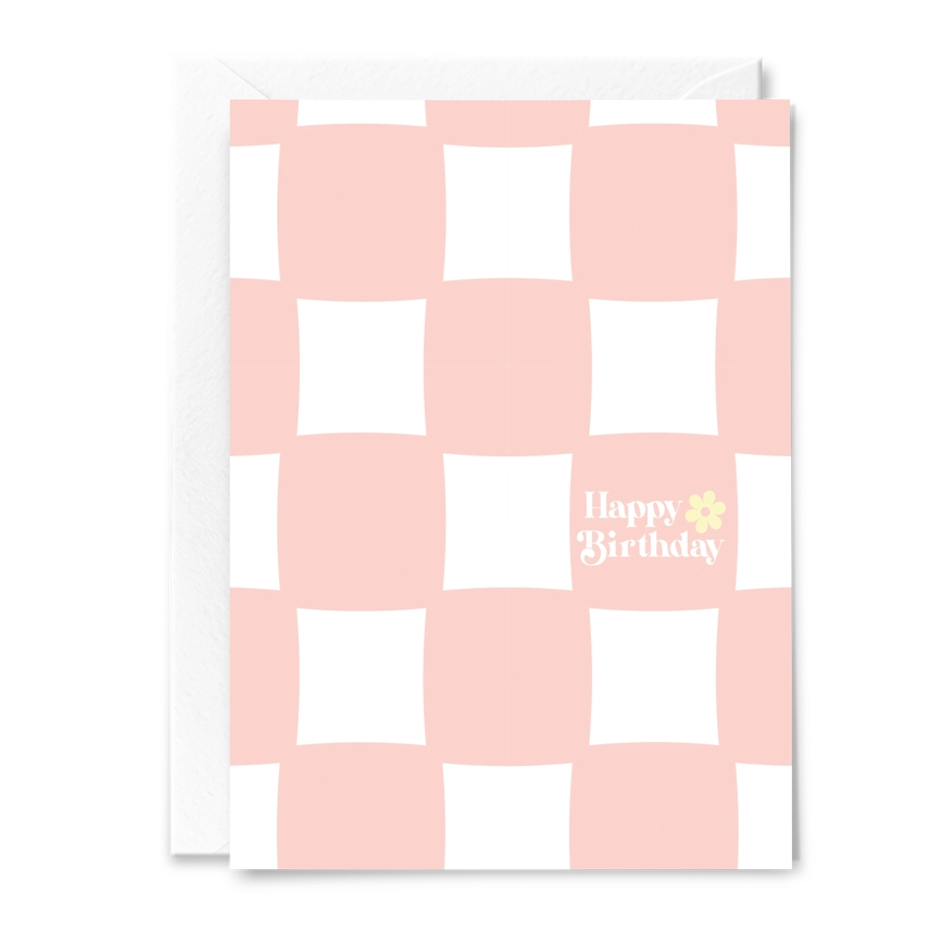 Pink & White Checkered Happy Birthday Card