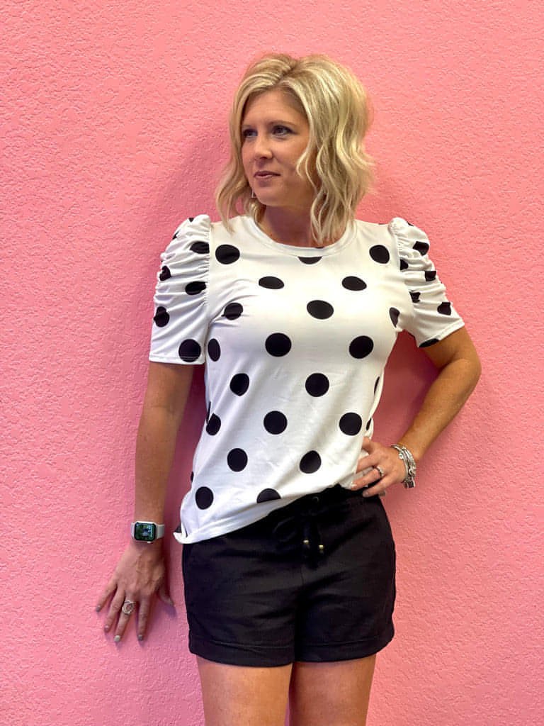 Polka Dot Top with Ruched Sleeves - Lazy Daisy Boutique