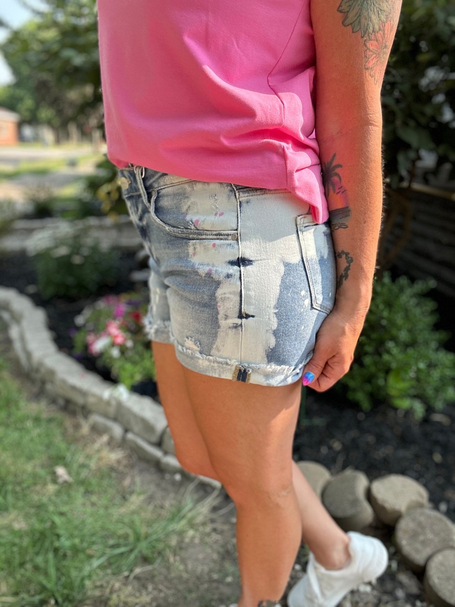Risen Pink Splatter Denim Shorts - Polished Boutique